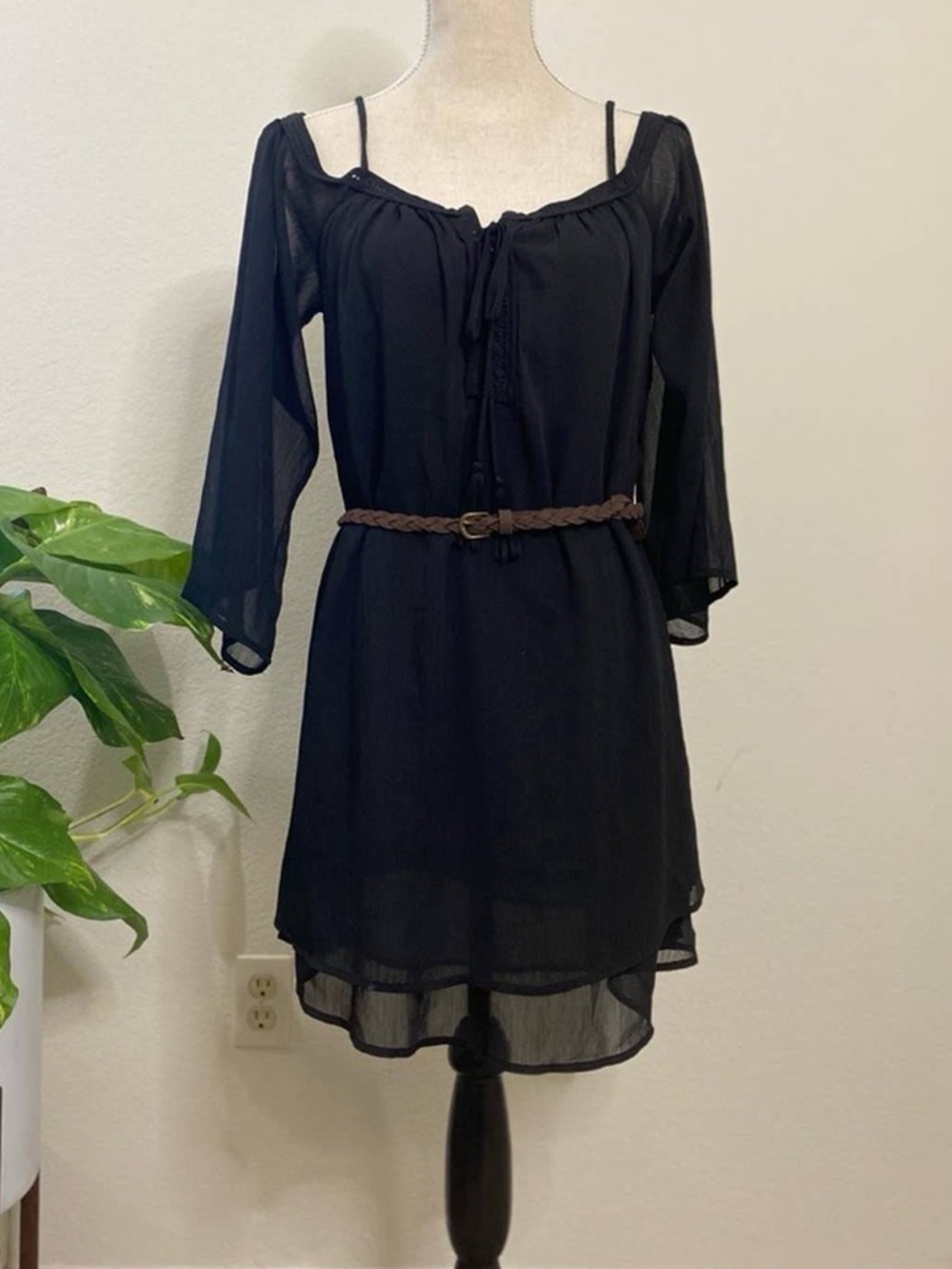 Purple Snow Black Sheer Mini Peasant Dress